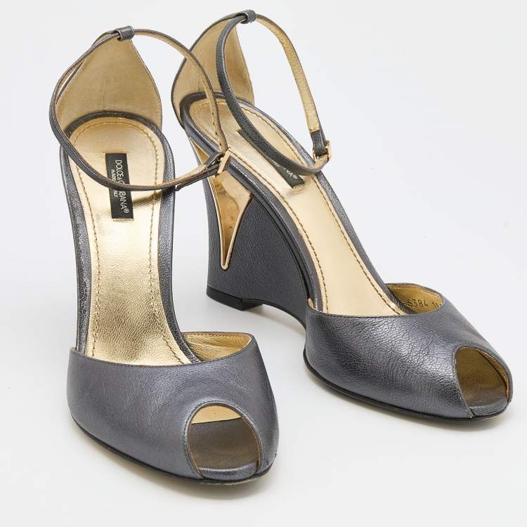 Pre Owned Dolce & Gabbana Metallic Grey Leather Ankle Strap Peep Toe Wedge Sandals Size 39