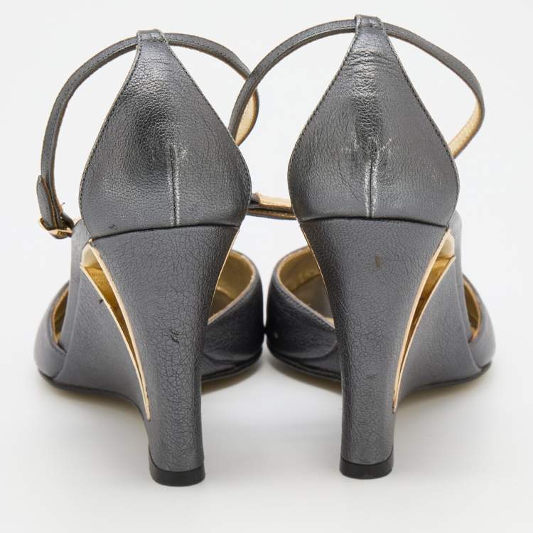 Pre Owned Dolce & Gabbana Metallic Grey Leather Ankle Strap Peep Toe Wedge Sandals Size 39