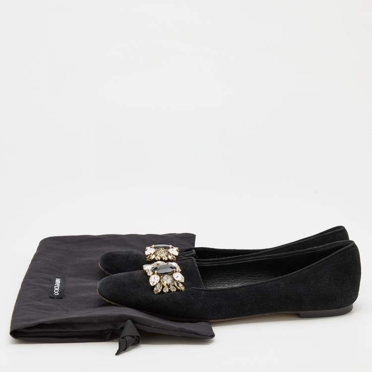Pre Owned Dolce & Gabbana Black Suede Crystal Embellished Audrey Smoking Slippers Size 38.5