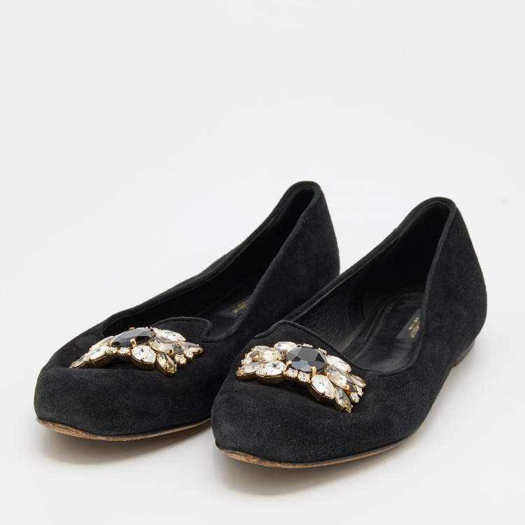 Pre Owned Dolce & Gabbana Black Suede Crystal Embellished Audrey Smoking Slippers Size 38.5