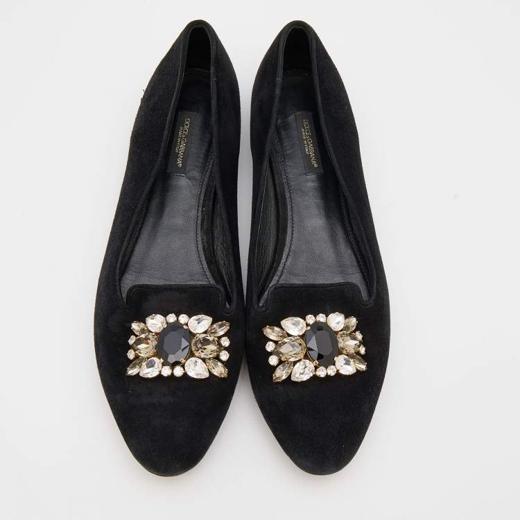 Pre Owned Dolce & Gabbana Black Suede Crystal Embellished Audrey Smoking Slippers Size 38.5