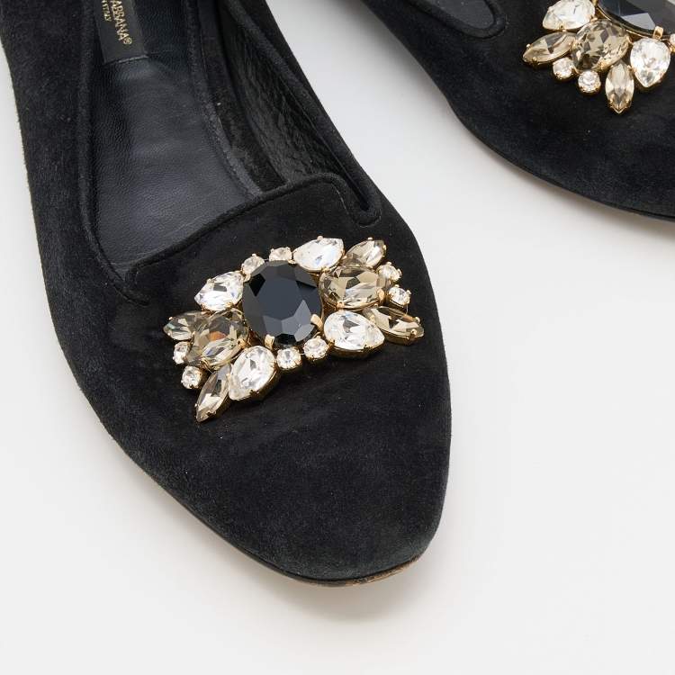 Pre Owned Dolce & Gabbana Black Suede Crystal Embellished Audrey Smoking Slippers Size 38.5