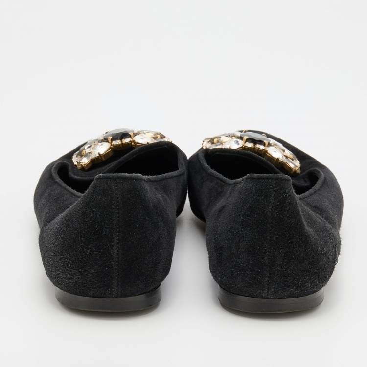 Pre Owned Dolce & Gabbana Black Suede Crystal Embellished Audrey Smoking Slippers Size 38.5