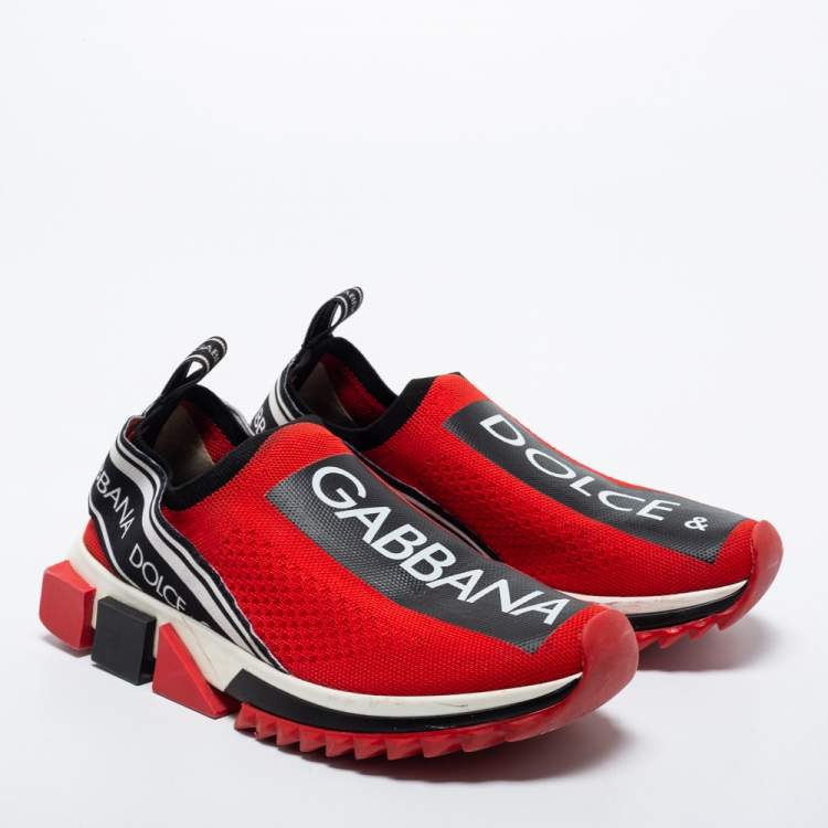 Pre Owned Dolce & Gabbana Red Knit Fabric Sorrento Low Top Sneakers Size 37