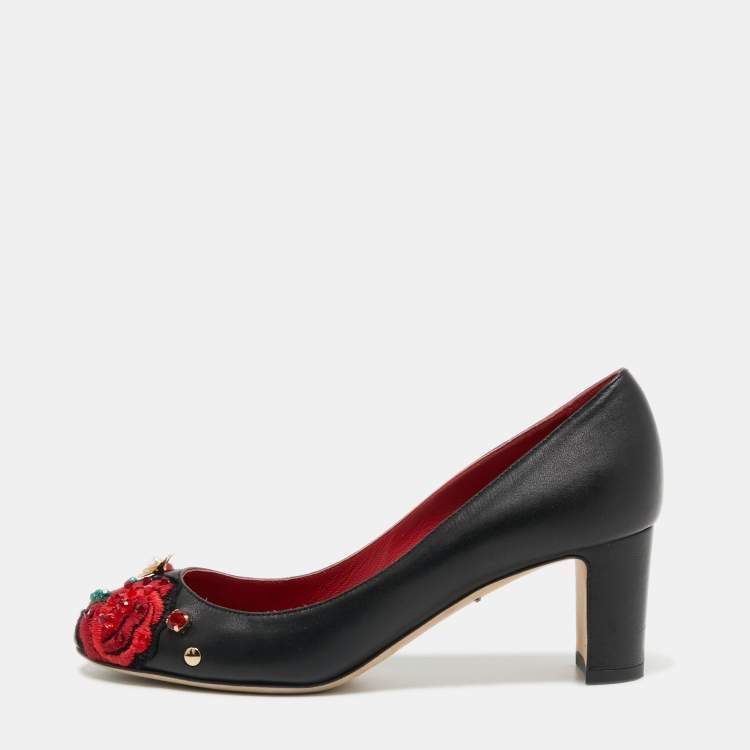 Pre Owned Dolce & Gabbana Black Leather Crystal Embellished and Embroidered Applique Pumps Size 36.5