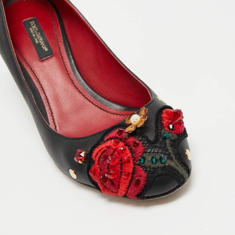 Pre Owned Dolce & Gabbana Black Leather Crystal Embellished and Embroidered Applique Pumps Size 36.5