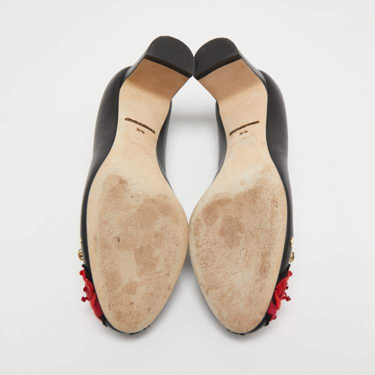 Pre Owned Dolce & Gabbana Black Leather Crystal Embellished and Embroidered Applique Pumps Size 36.5