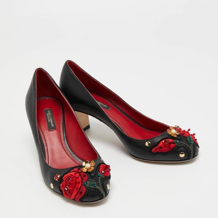 Pre Owned Dolce & Gabbana Black Leather Crystal Embellished and Embroidered Applique Pumps Size 36.5