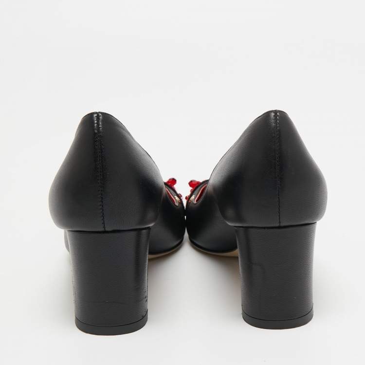 Pre Owned Dolce & Gabbana Black Leather Crystal Embellished and Embroidered Applique Pumps Size 36.5