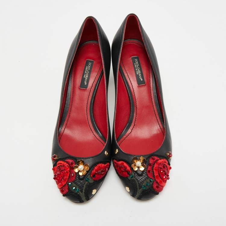 Pre Owned Dolce & Gabbana Black Leather Crystal Embellished and Embroidered Applique Pumps Size 36.5