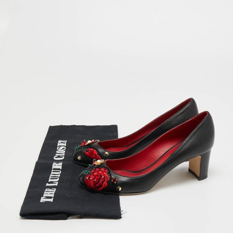 Pre Owned Dolce & Gabbana Black Leather Crystal Embellished and Embroidered Applique Pumps Size 36.5
