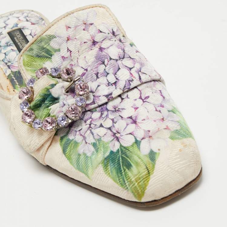 Pre Owned Dolce & Gabbana Cream Floral Print Fabric Flat Mules Size 38