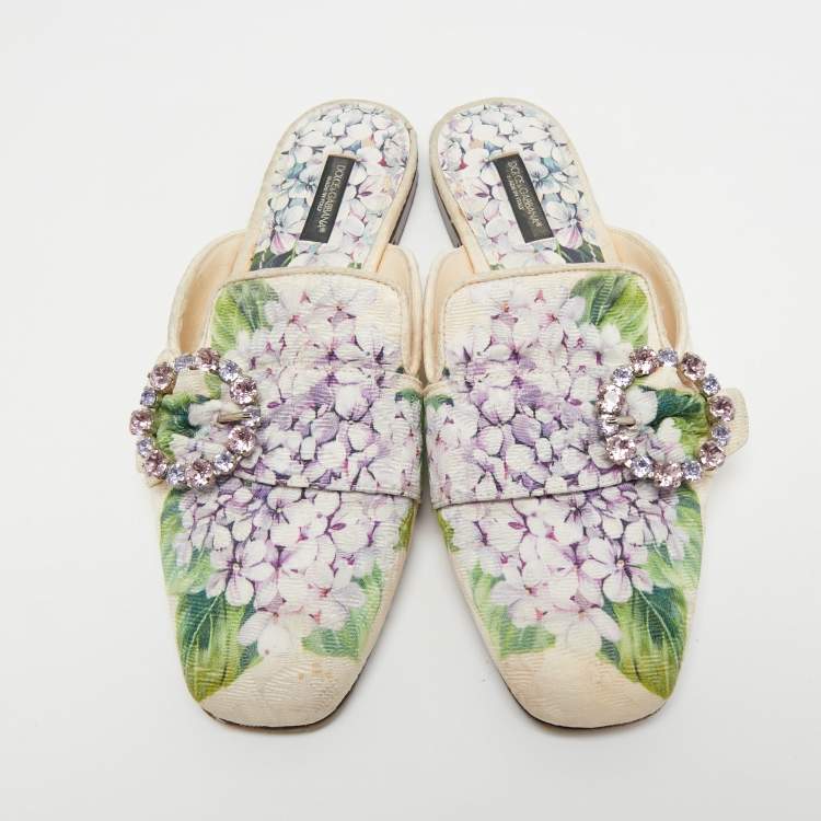 Pre Owned Dolce & Gabbana Cream Floral Print Fabric Flat Mules Size 38