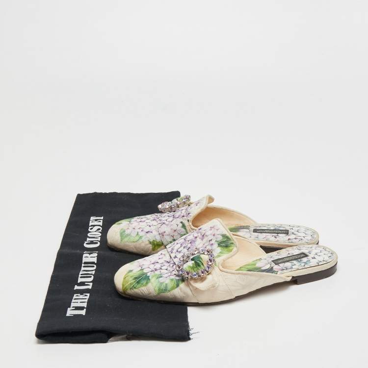 Pre Owned Dolce & Gabbana Cream Floral Print Fabric Flat Mules Size 38