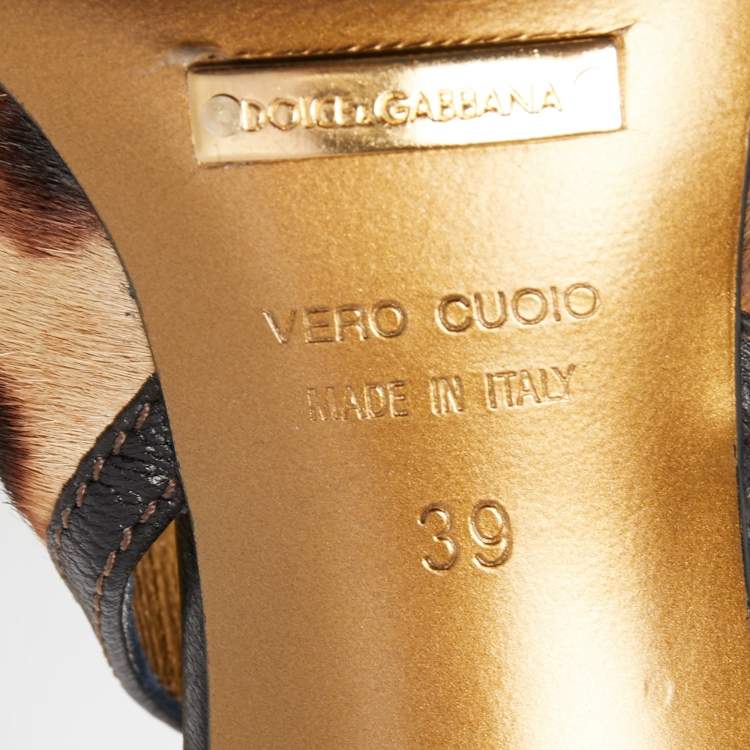 Pre Owned Dolce & Gabbana Black/Brown Leather and Leopard Print Calf Hair Slingback Pumps Size 39