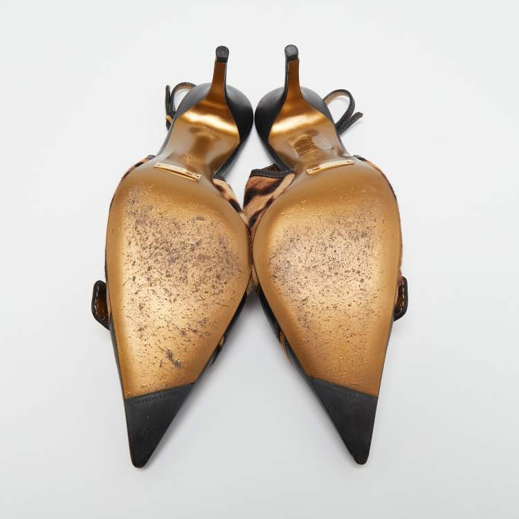 Pre Owned Dolce & Gabbana Black/Brown Leather and Leopard Print Calf Hair Slingback Pumps Size 39