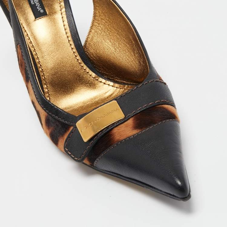 Pre Owned Dolce & Gabbana Black/Brown Leather and Leopard Print Calf Hair Slingback Pumps Size 39