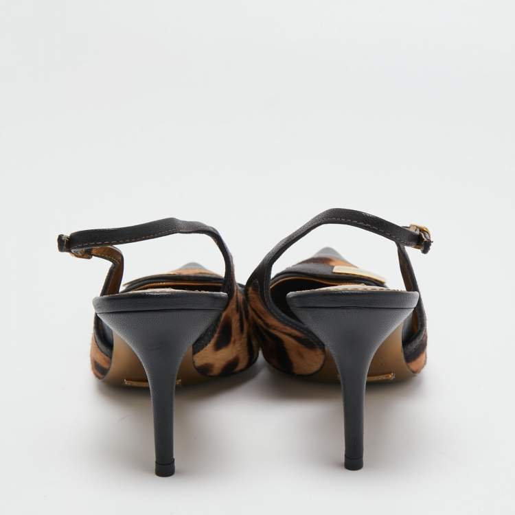 Pre Owned Dolce & Gabbana Black/Brown Leather and Leopard Print Calf Hair Slingback Pumps Size 39