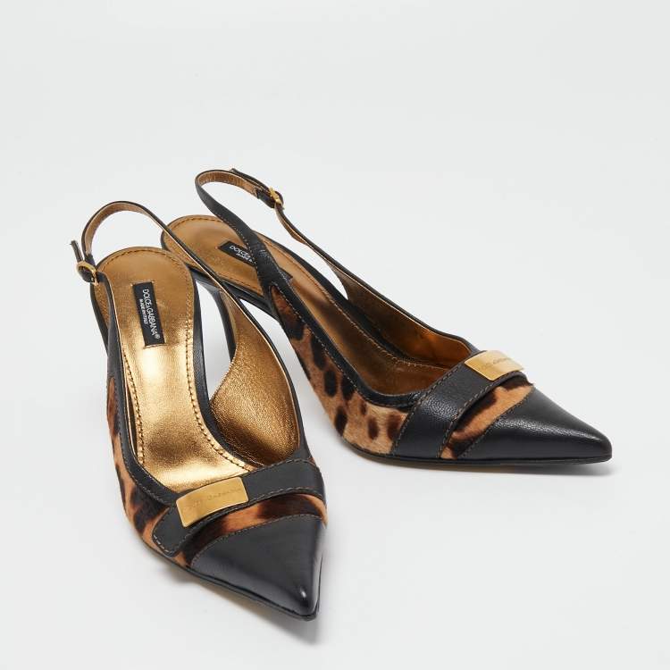 Pre Owned Dolce & Gabbana Black/Brown Leather and Leopard Print Calf Hair Slingback Pumps Size 39