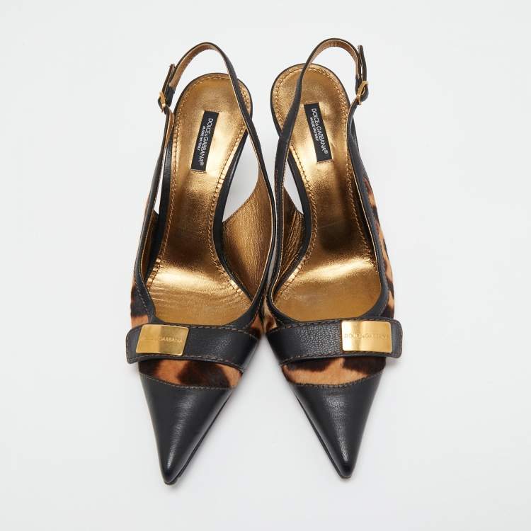 Pre Owned Dolce & Gabbana Black/Brown Leather and Leopard Print Calf Hair Slingback Pumps Size 39