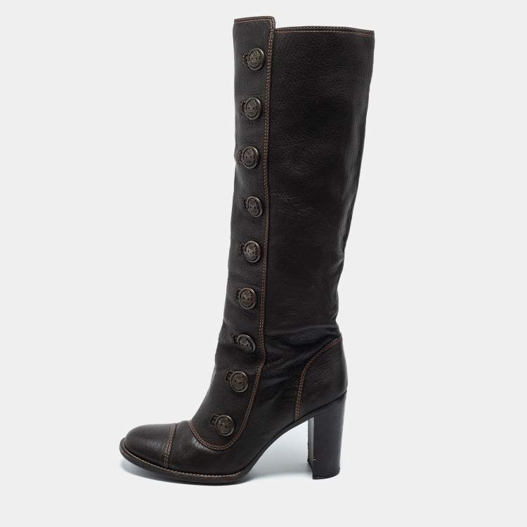 Pre Owned Dolce & Gabbana Brown Leather Knee Length Boots Size 39
