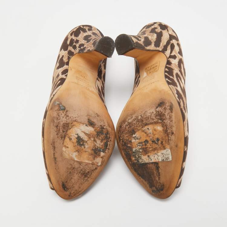 مملوكة مسبقًا Dolce & Gabbana Brown/Beige Leopard Print Canvas Peep Toe Pumps Size 38