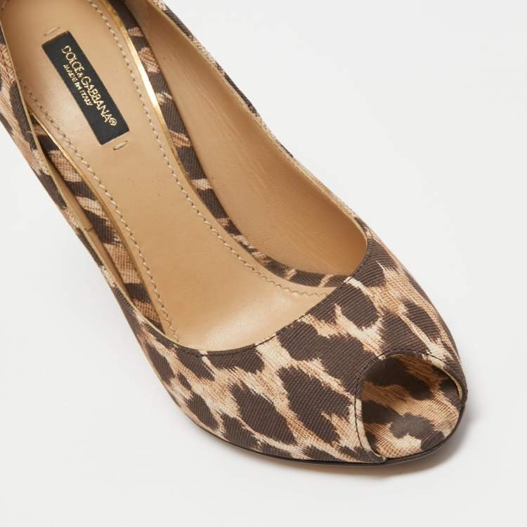 مملوكة مسبقًا Dolce & Gabbana Brown/Beige Leopard Print Canvas Peep Toe Pumps Size 38