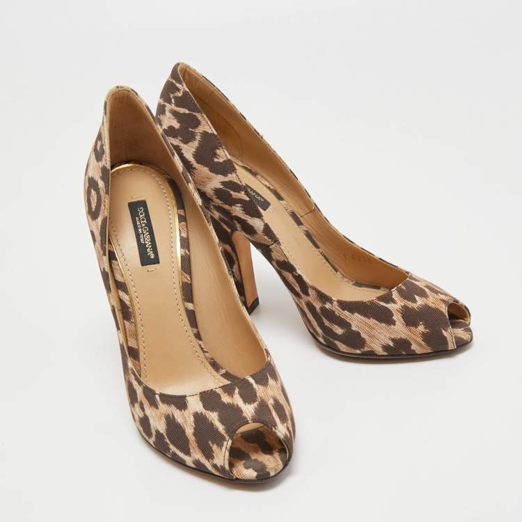 مملوكة مسبقًا Dolce & Gabbana Brown/Beige Leopard Print Canvas Peep Toe Pumps Size 38
