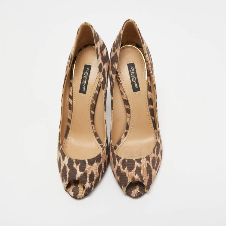 مملوكة مسبقًا Dolce & Gabbana Brown/Beige Leopard Print Canvas Peep Toe Pumps Size 38