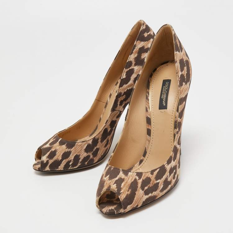 مملوكة مسبقًا Dolce & Gabbana Brown/Beige Leopard Print Canvas Peep Toe Pumps Size 38