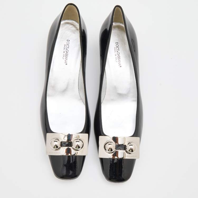 Pre Owned Dolce & Gabbana Black/Silver Patent Leather Block Heel Pumps Size 38