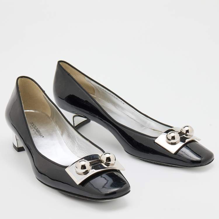 Pre Owned Dolce & Gabbana Black/Silver Patent Leather Block Heel Pumps Size 38