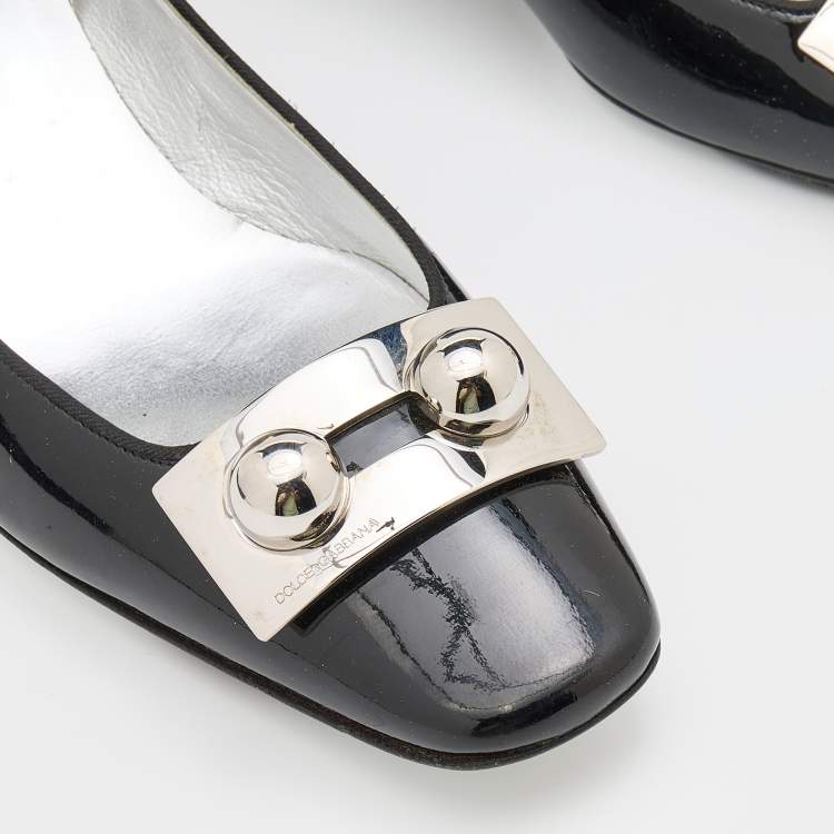 Pre Owned Dolce & Gabbana Black/Silver Patent Leather Block Heel Pumps Size 38