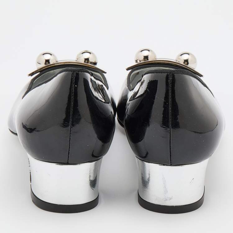 Pre Owned Dolce & Gabbana Black/Silver Patent Leather Block Heel Pumps Size 38