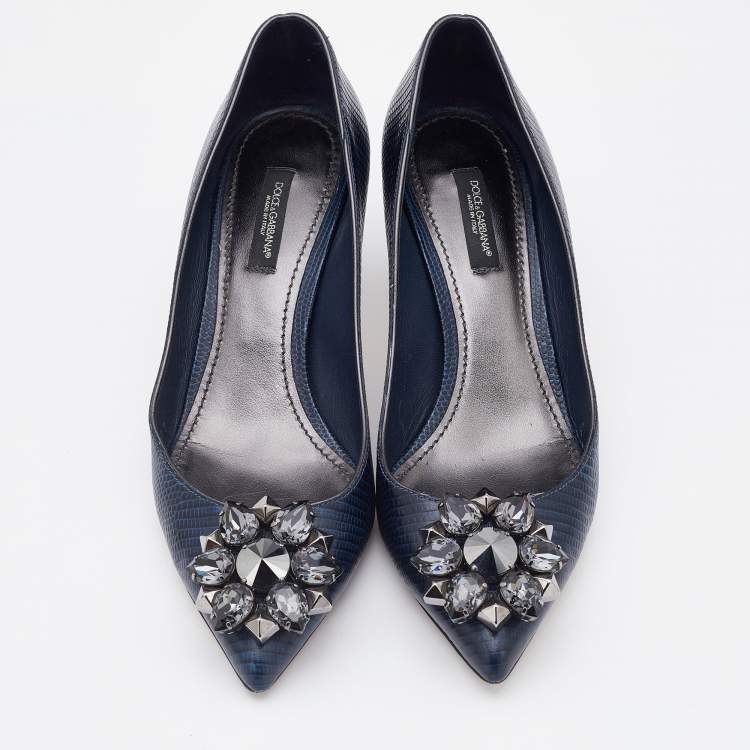 Pre Owned Dolce & Gabbana Navy Blue Lizard Embossed Leather Bellucci Crystal Embellished Pumps Size 37