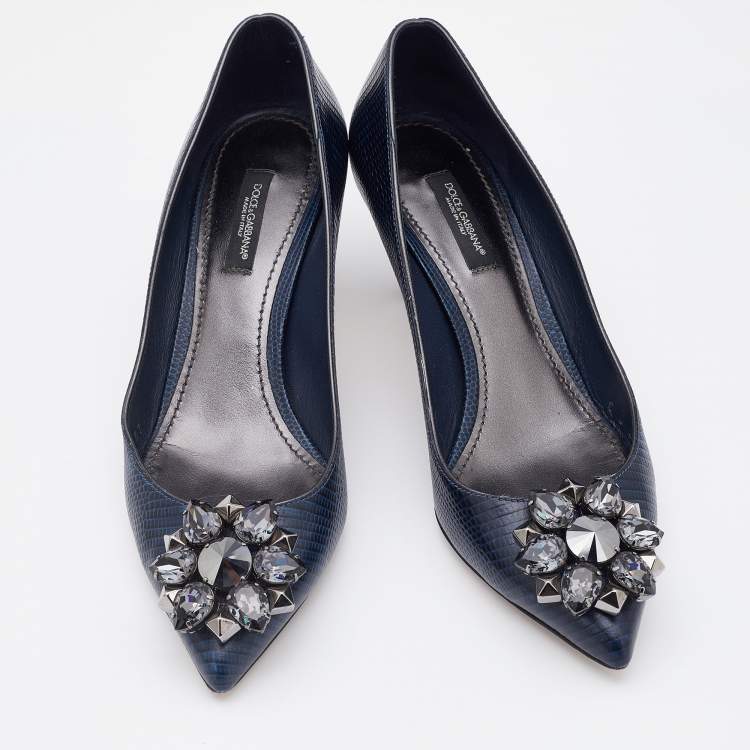 Pre Owned Dolce & Gabbana Navy Blue Lizard Embossed Leather Bellucci Crystal Embellished Pumps Size 37