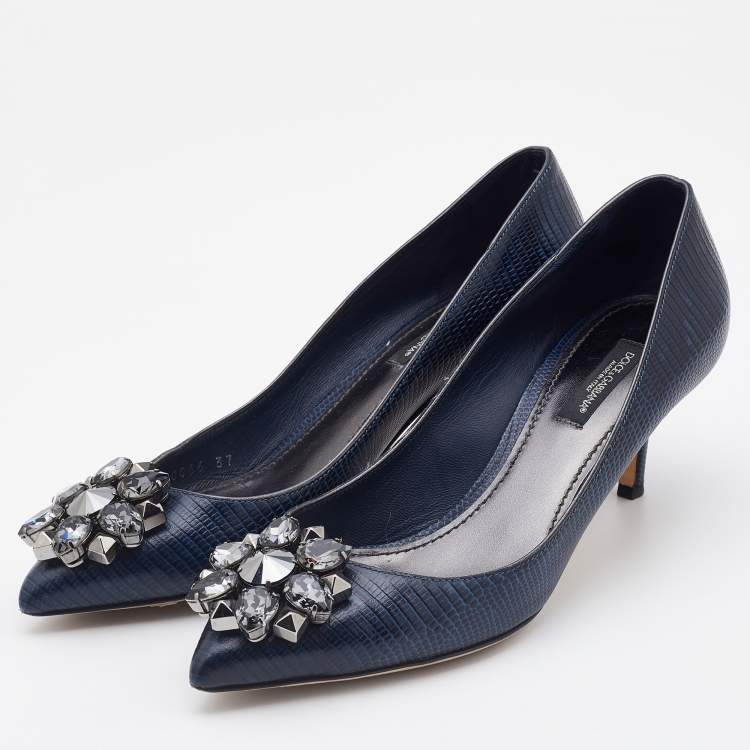 Pre Owned Dolce & Gabbana Navy Blue Lizard Embossed Leather Bellucci Crystal Embellished Pumps Size 37