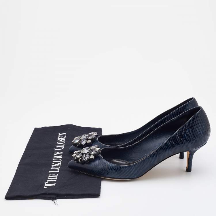Pre Owned Dolce & Gabbana Navy Blue Lizard Embossed Leather Bellucci Crystal Embellished Pumps Size 37