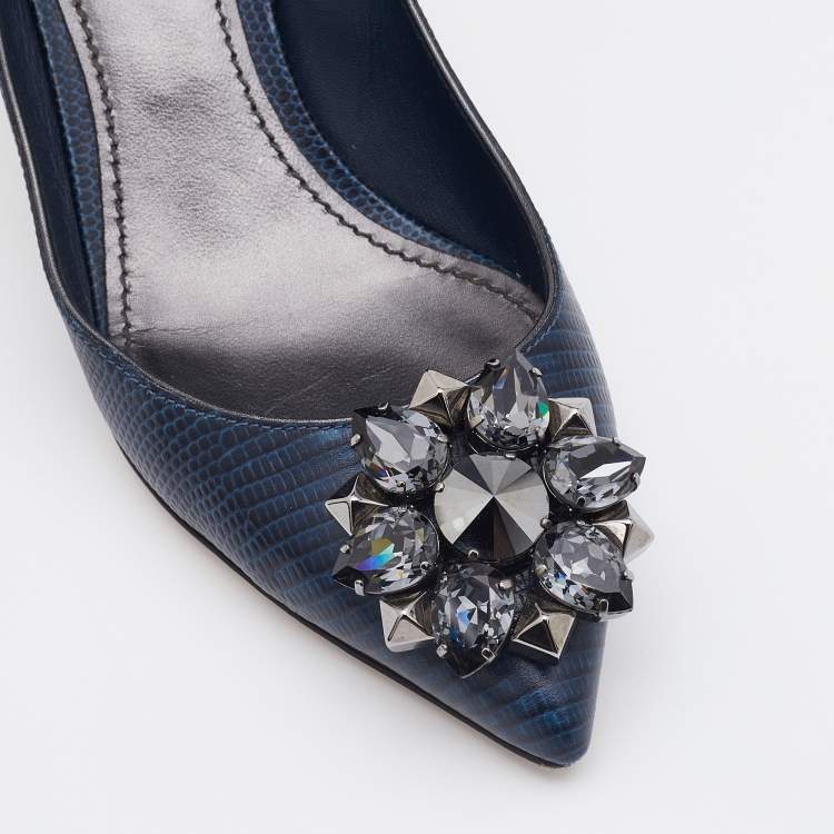Pre Owned Dolce & Gabbana Navy Blue Lizard Embossed Leather Bellucci Crystal Embellished Pumps Size 37