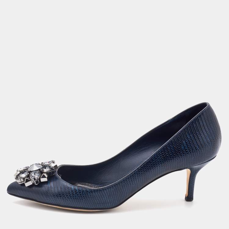 Pre Owned Dolce & Gabbana Navy Blue Lizard Embossed Leather Bellucci Crystal Embellished Pumps Size 37