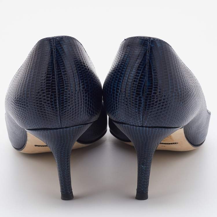Pre Owned Dolce & Gabbana Navy Blue Lizard Embossed Leather Bellucci Crystal Embellished Pumps Size 37
