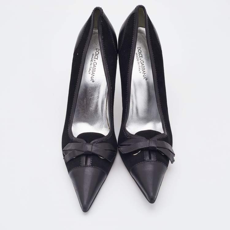 Pre Owned Dolce & Gabbana Black Suede and Leather Bow Pointed Toe Pumps Size 39.5