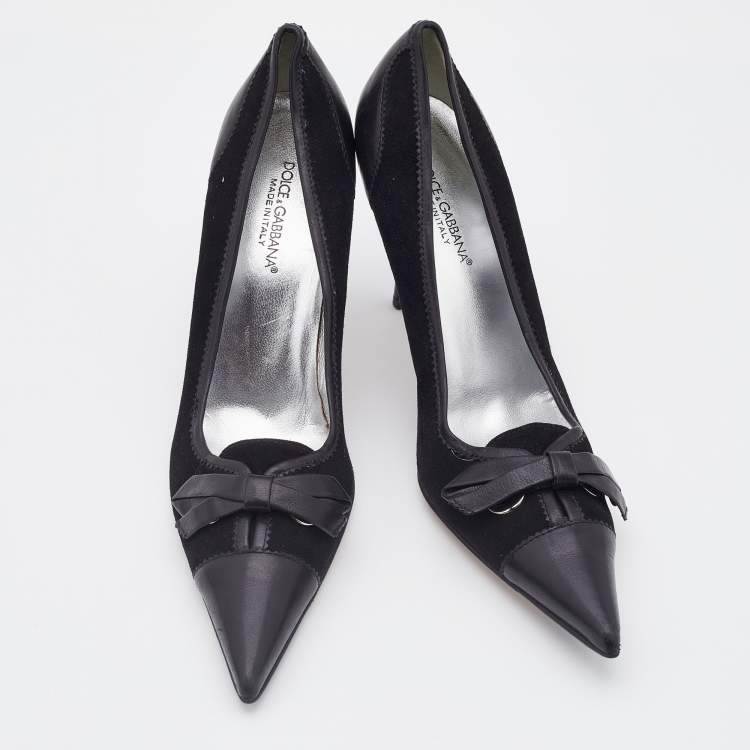 Pre Owned Dolce & Gabbana Black Suede and Leather Bow Pointed Toe Pumps Size 39.5