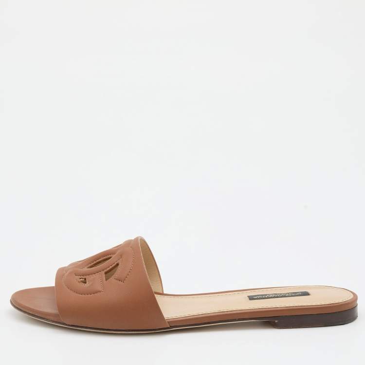 Dolce & Gabbana Brown Leather DG Logo Flat Slides Size 37.5