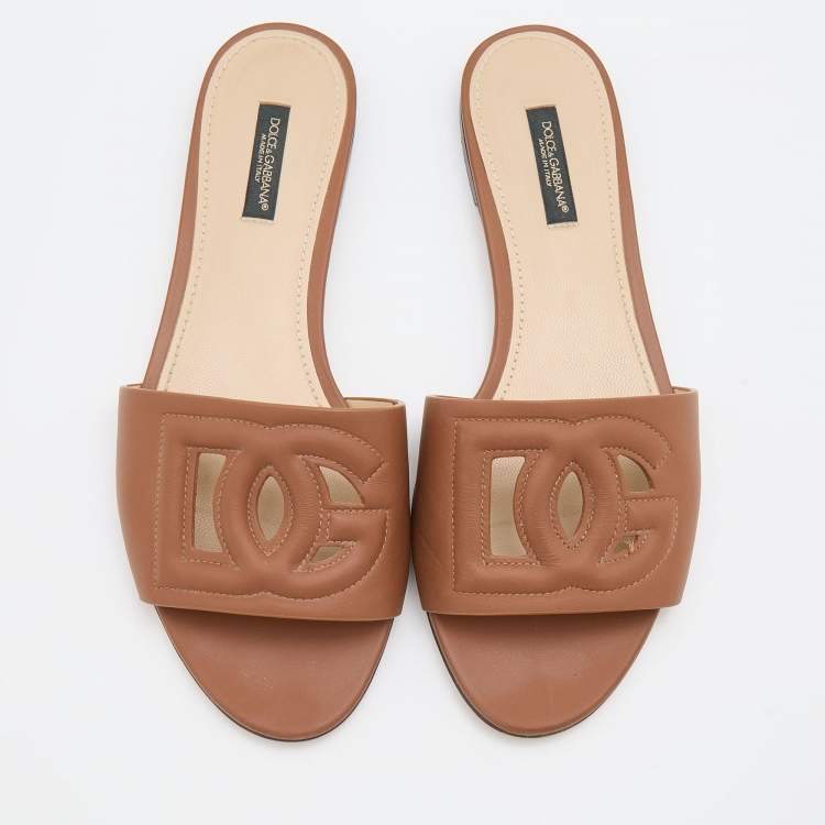 Pre Owned Dolce & Gabbana Brown Leather DG Logo Flat Slides Size 37.5