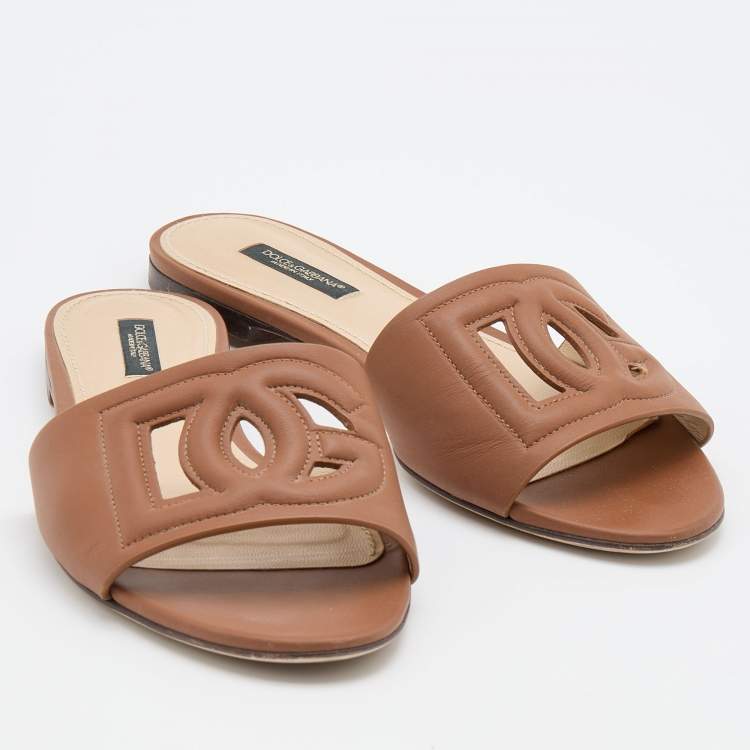 Pre Owned Dolce & Gabbana Brown Leather DG Logo Flat Slides Size 37.5