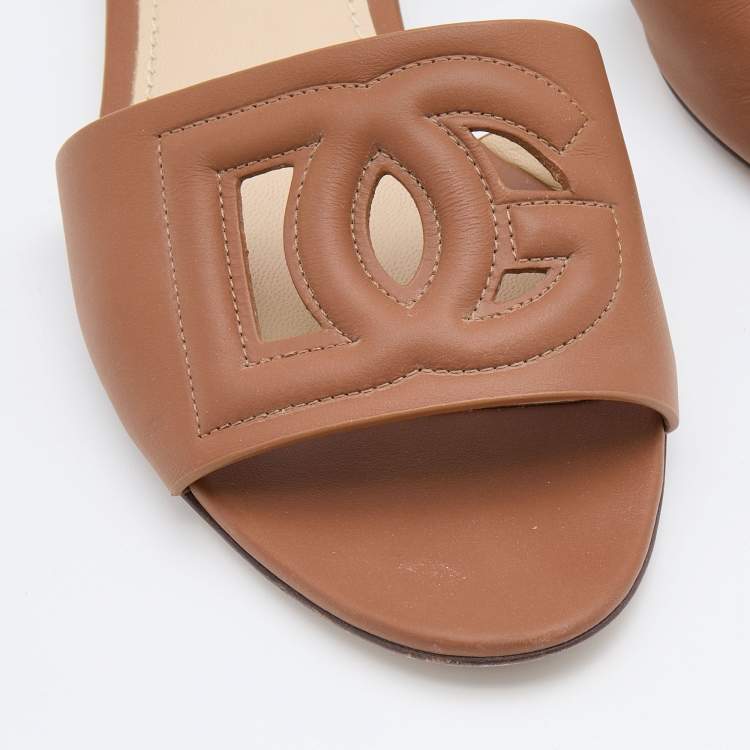Pre Owned Dolce & Gabbana Brown Leather DG Logo Flat Slides Size 37.5
