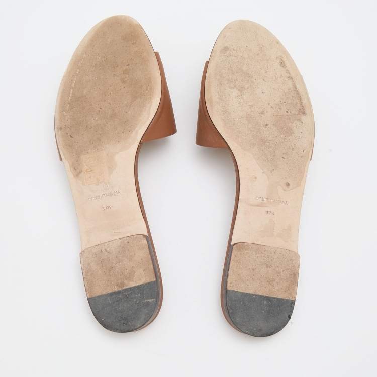 Pre Owned Dolce & Gabbana Brown Leather DG Logo Flat Slides Size 37.5