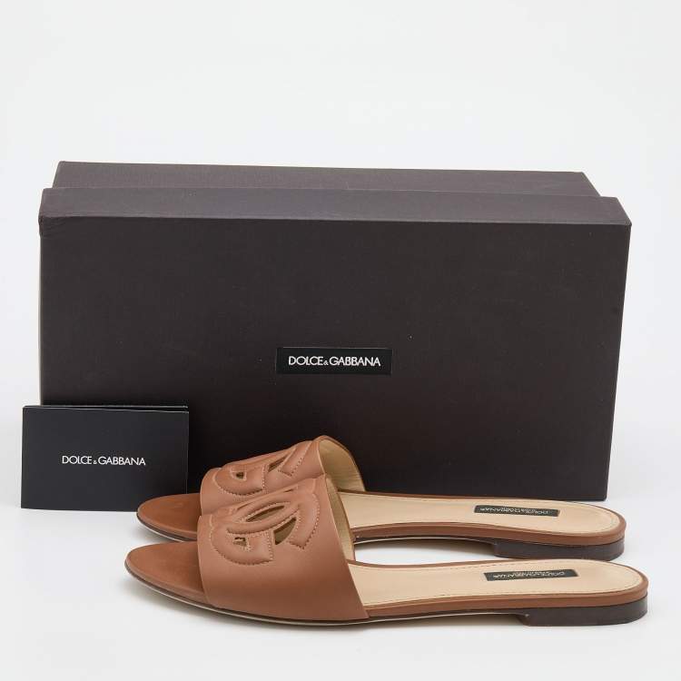 Pre Owned Dolce & Gabbana Brown Leather DG Logo Flat Slides Size 37.5