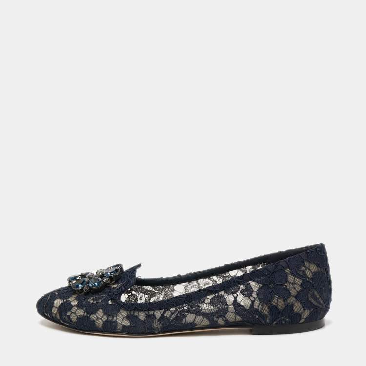 Pre Owned Dolce & Gabbana Navy Blue Lace Taormina Ballet Flats Size 39